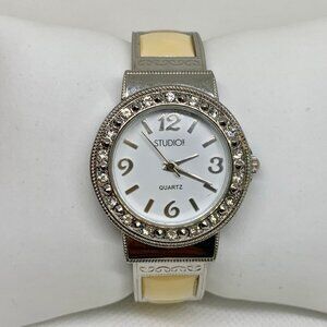Studio women watch silver tone 32mm round quartz analog cuff bracelet running